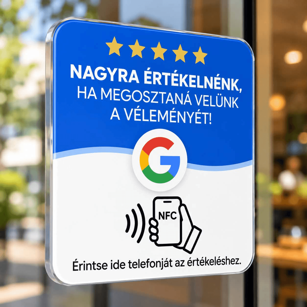 Kék-fehér Google értékelés NFC tábla egy üzlet üvegajtaján, „Érintse ide telefonját az értékeléshez” felirattal