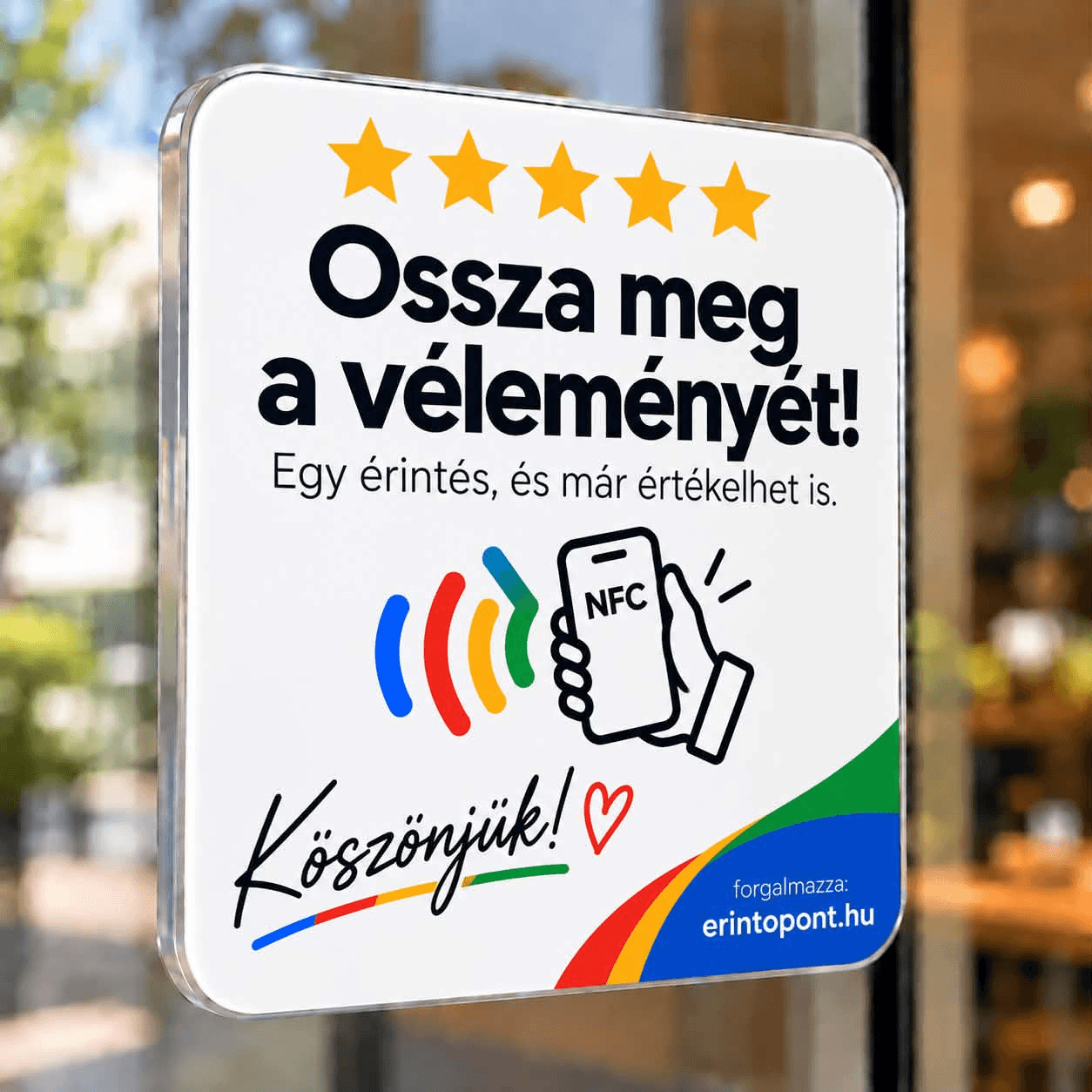 Érintőpont NFC értékelő tábla egy üzlet üvegajtaján: „Ossza meg a véleményét! Egy érintés, és már értékelhet is.”